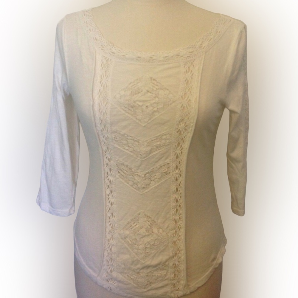 Free People Ivory Cream Lace Top 3/4 Length Sleeve Sz Large NWT